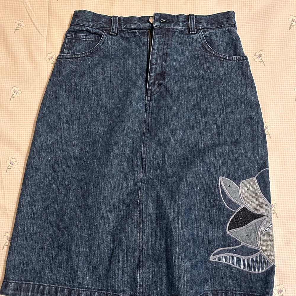 Denim Skirt with Floral Embroidery